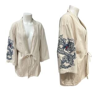Vintage Embroidered Dragon Kimono Jacket – Beige Asian Style Robe Top / L -
